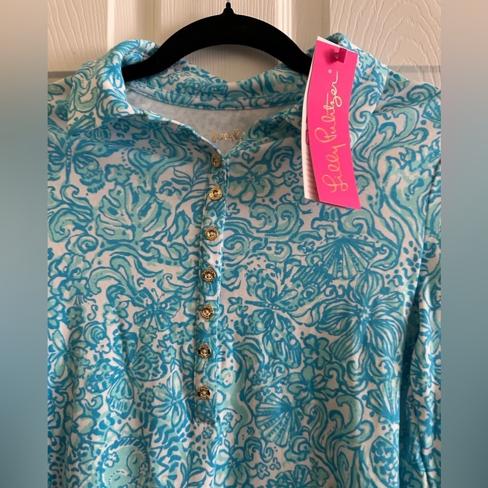 NWT Lilly Pulitzer Reema Polo Top Long Sleeve Resort White Took Me By Sunrise XS - Picture 3 of 6